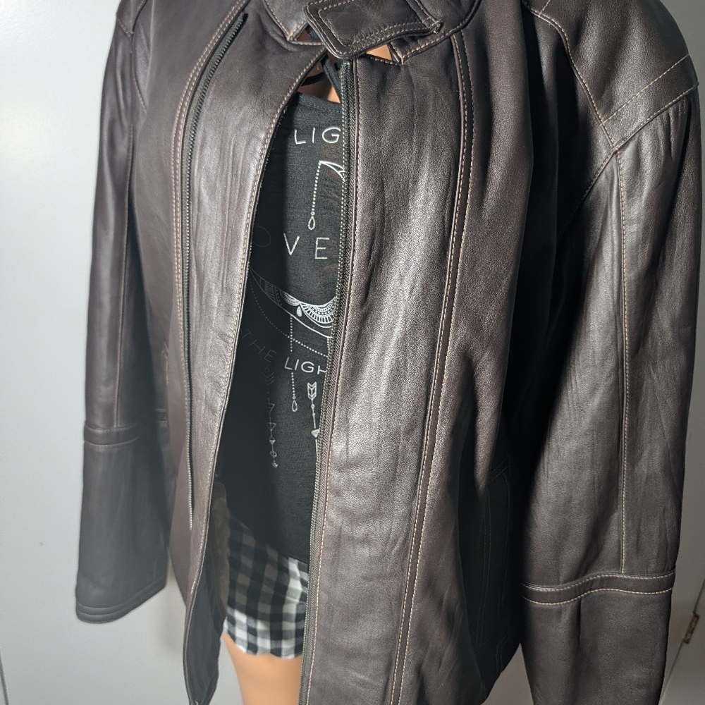 Max USA Men's Brown Leather Zip-Front Racer Button Jacket Size M - Picture 2 of 9
